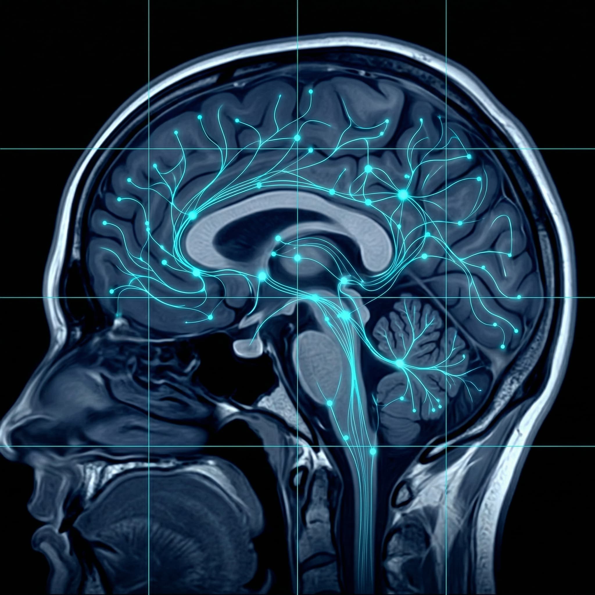 AI-analysed brain MRI scan with neural network overlay